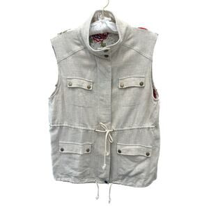 ENTRO | Beige Linen Blend Embroidered Back Utility Vest | Medium
